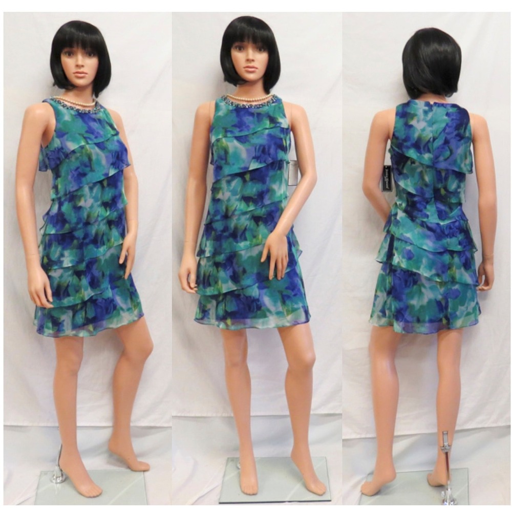 JESSICA HOWARD Purple Green & Blue Chiffon Tier Shutter Ruffle Dress 6P New